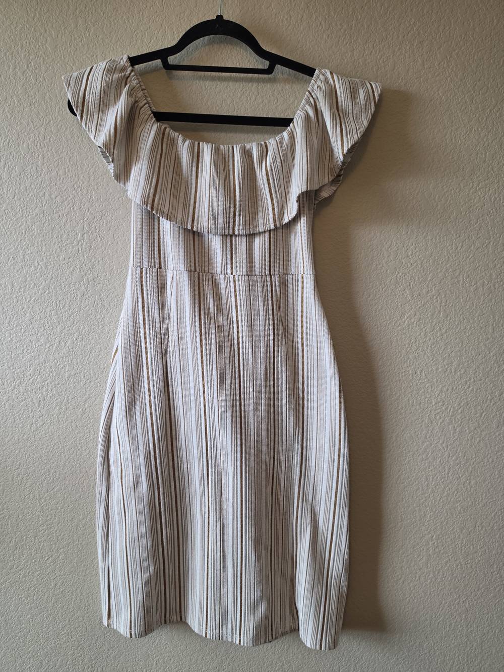 Zara Cream and Beige Off The Shoulder Ruffle Stripe Dress